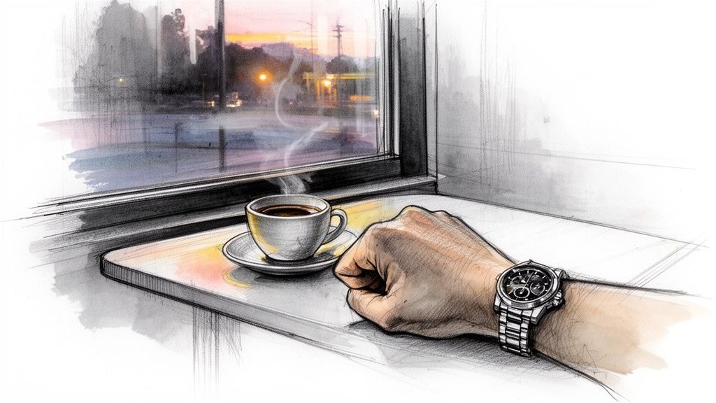 Watercolor and ink illustration of a watch on a hand beside a steaming coffee cup by a window.