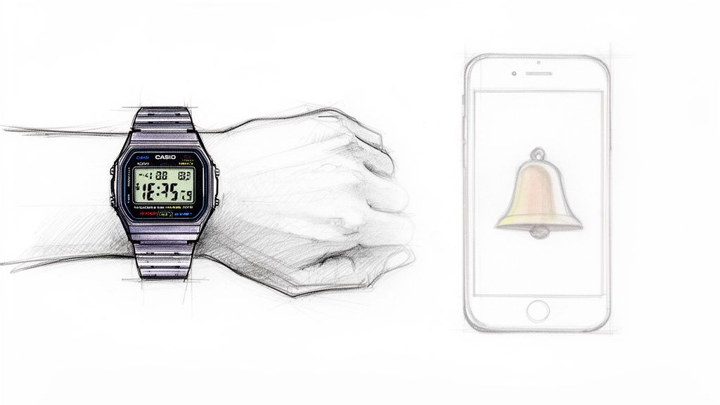 Sketch of a hand wearing a digital Casio watch and a smartphone displaying a bell icon.