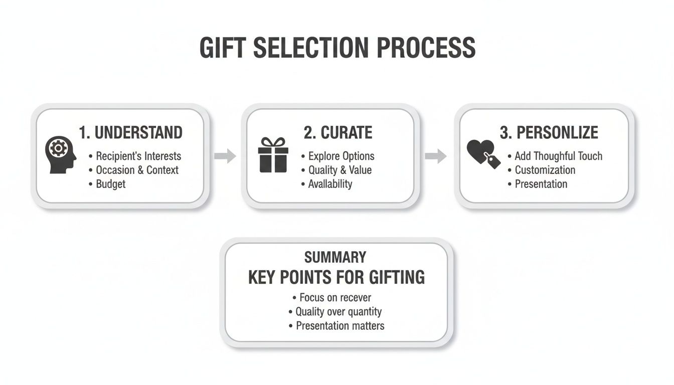Infographic outlining a three-step gift selection process: Understand, Curate, and Personalize, with key gifting points.