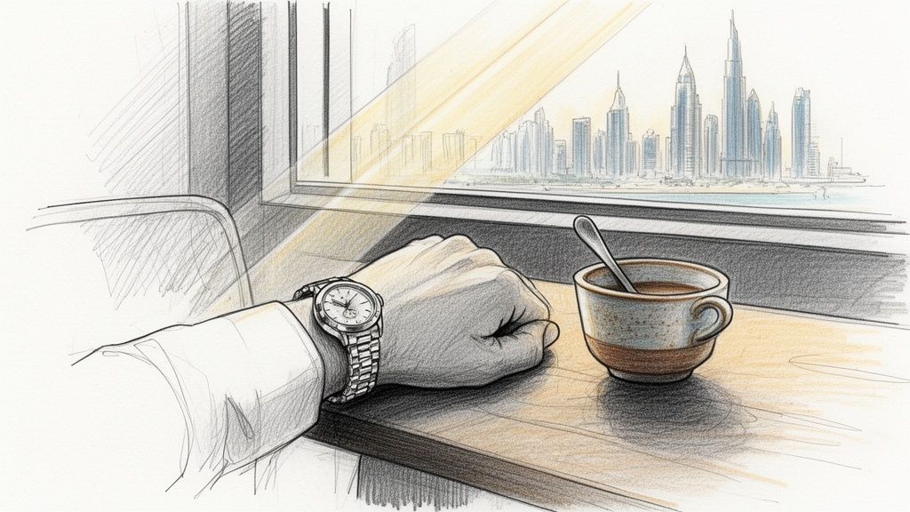A man's hand with a silver watch rests on a table next to coffee, overlooking a city skyline.