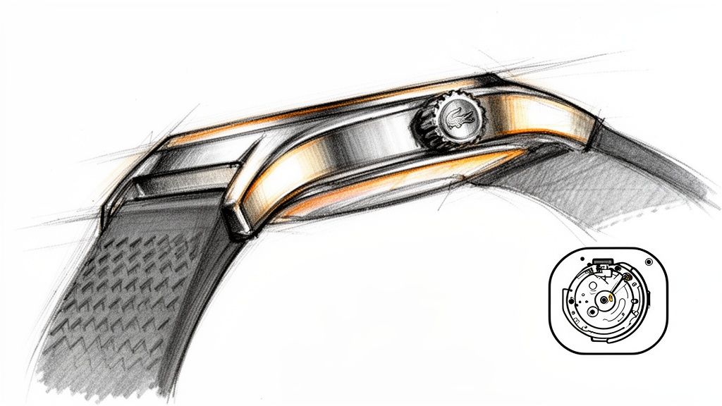 Detailed sketch of a Lacoste watch with metallic case, crocodile logo, and textured strap, from a side view.