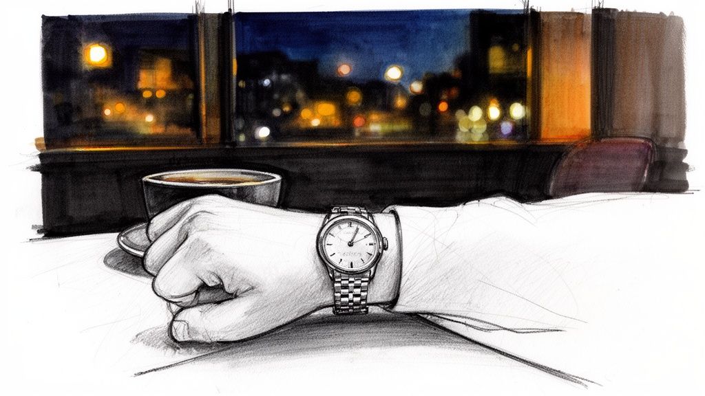 A detailed sketch of an arm wearing a arm wearing a chain watch, holding coffee, against a blurred night city window.