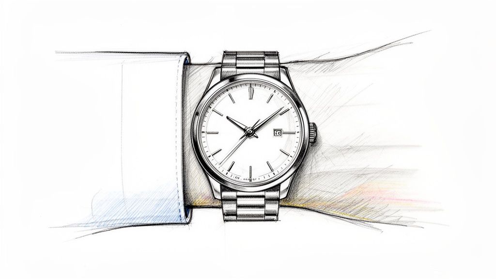 Pencil drawing of a classic men's watch with a metal bracelet on a wrist with a white shirt cuff.