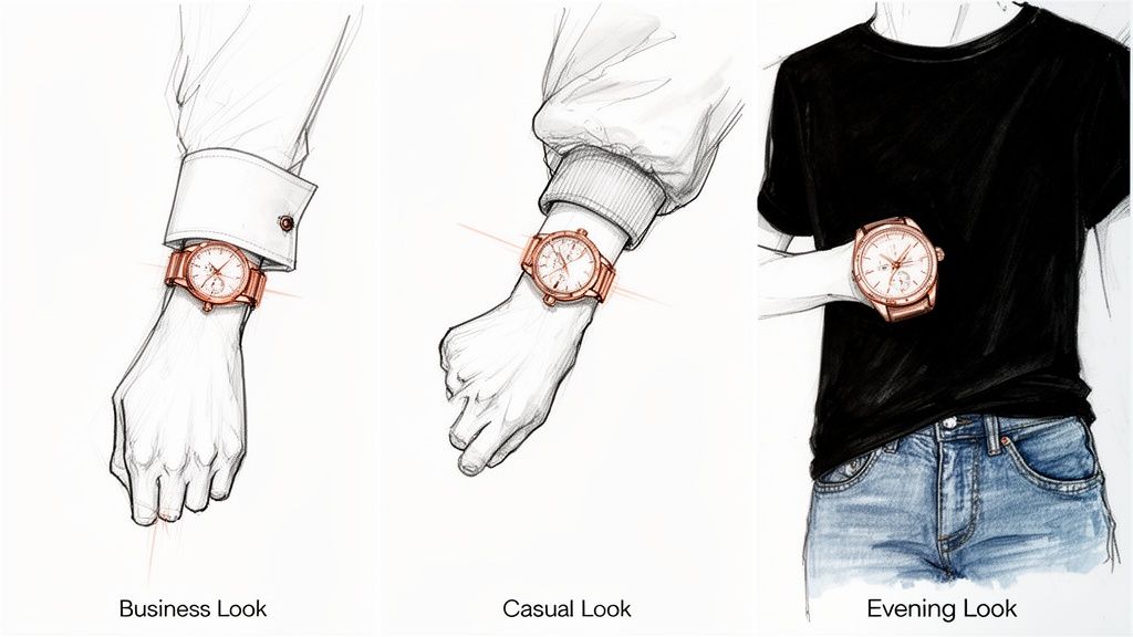 Sketches illustrating a rose gold watch paired with business, casual, and evening outfits.