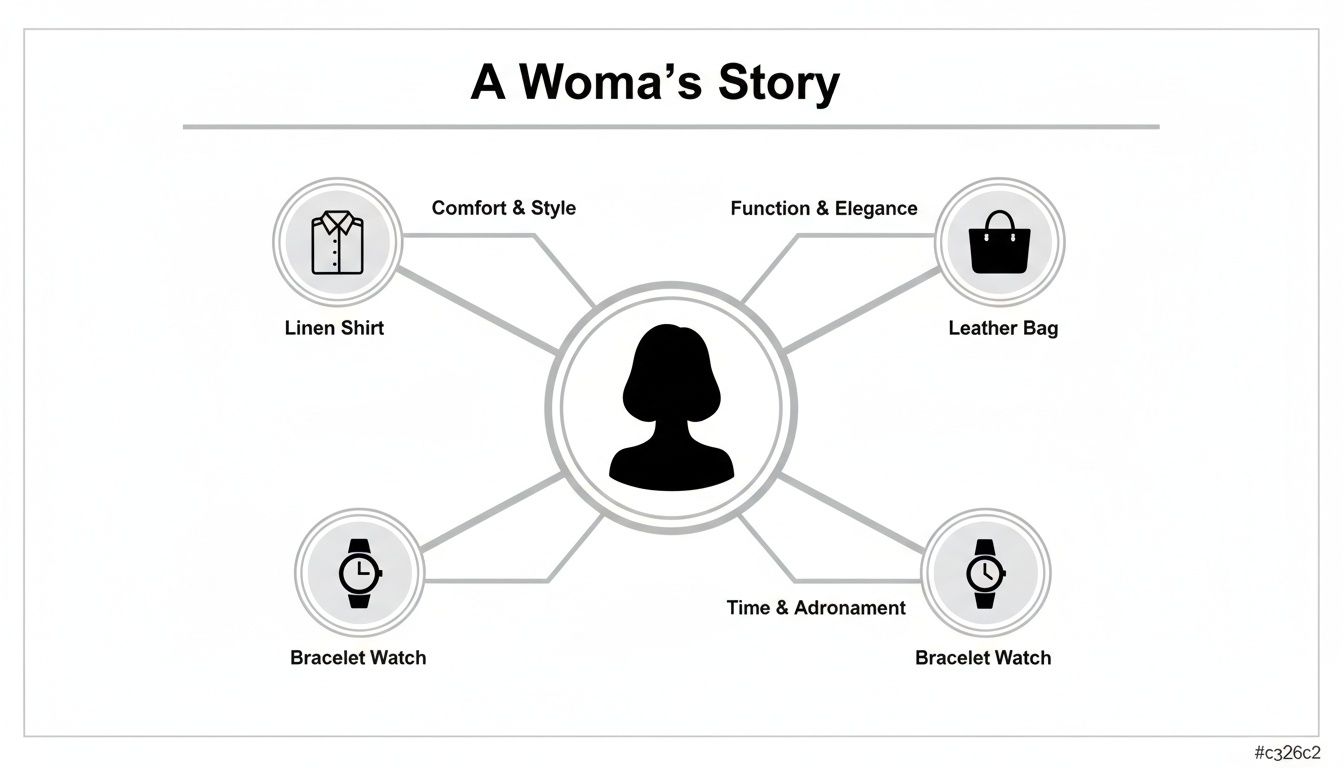 A diagram featuring a woman connected to a linen shirt, leather bag, and bracelet watches, representing style and comfort.