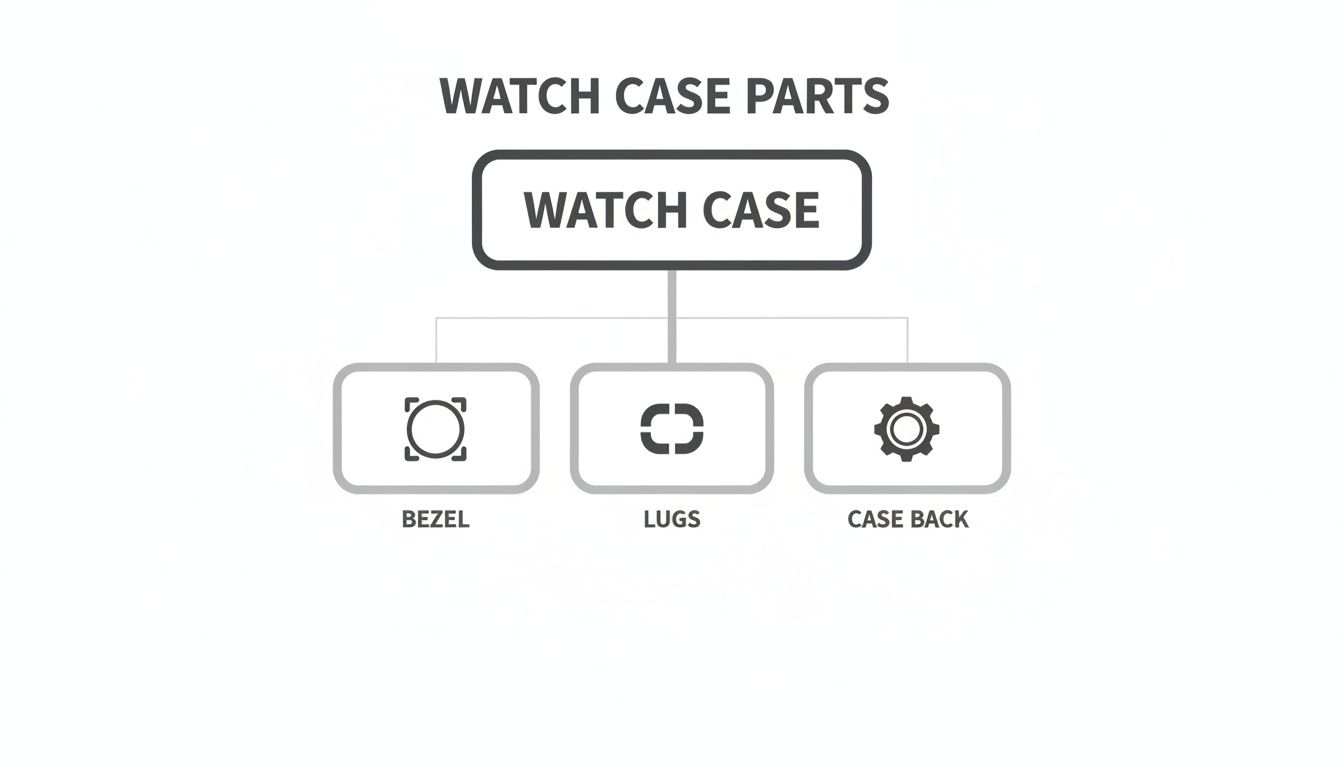 Diagram illustrating the parts of a watch case, including the bezel, lugs, and case back.