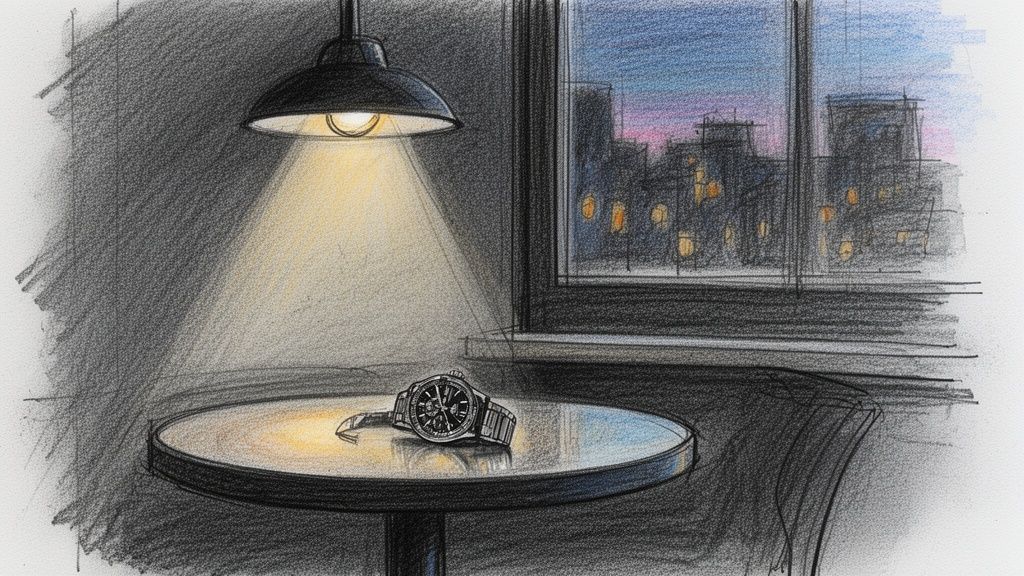 A color pencil drawing of a watch on a table under a warm lamp, with a city view outside.