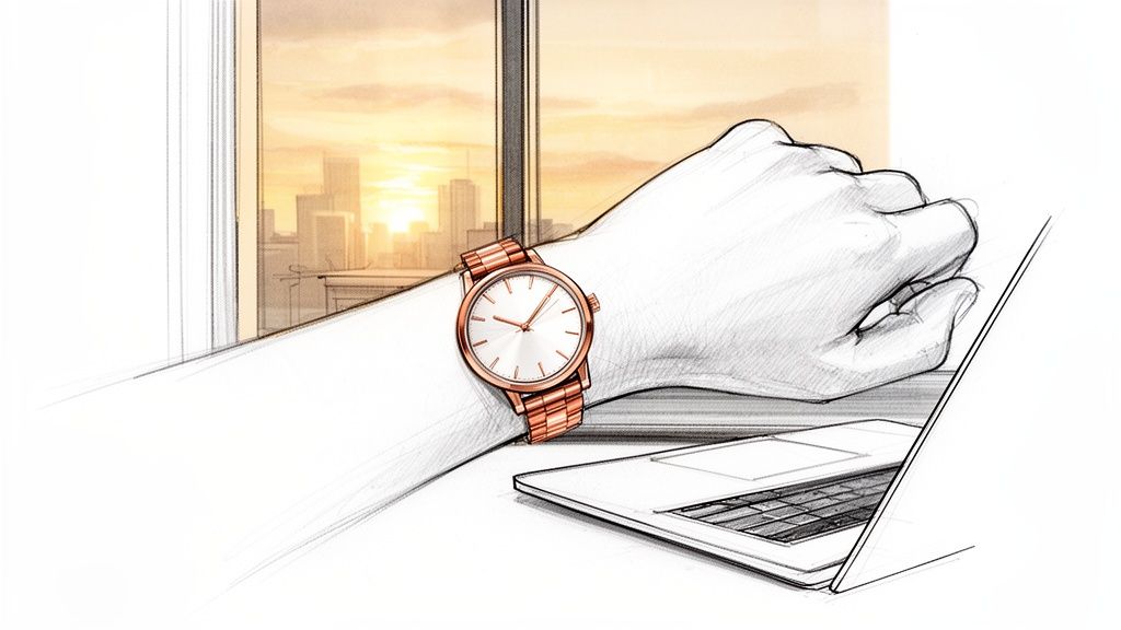 A sketch of an arm wearing a rose gold watch, with a laptop and city skyline at sunset.
