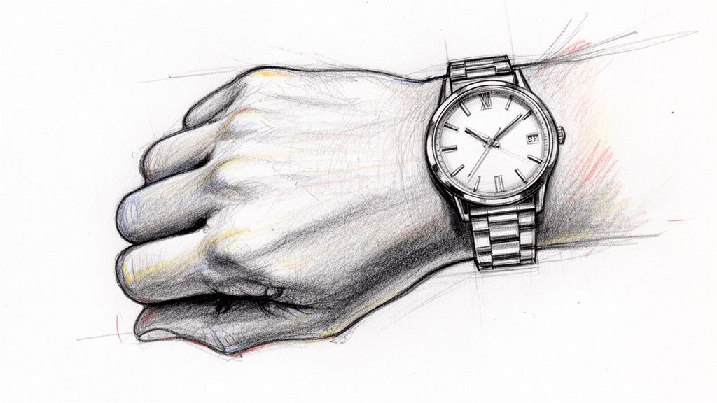 A detailed pencil drawing of a hand wearing a classic silver wristwatch with a white face.