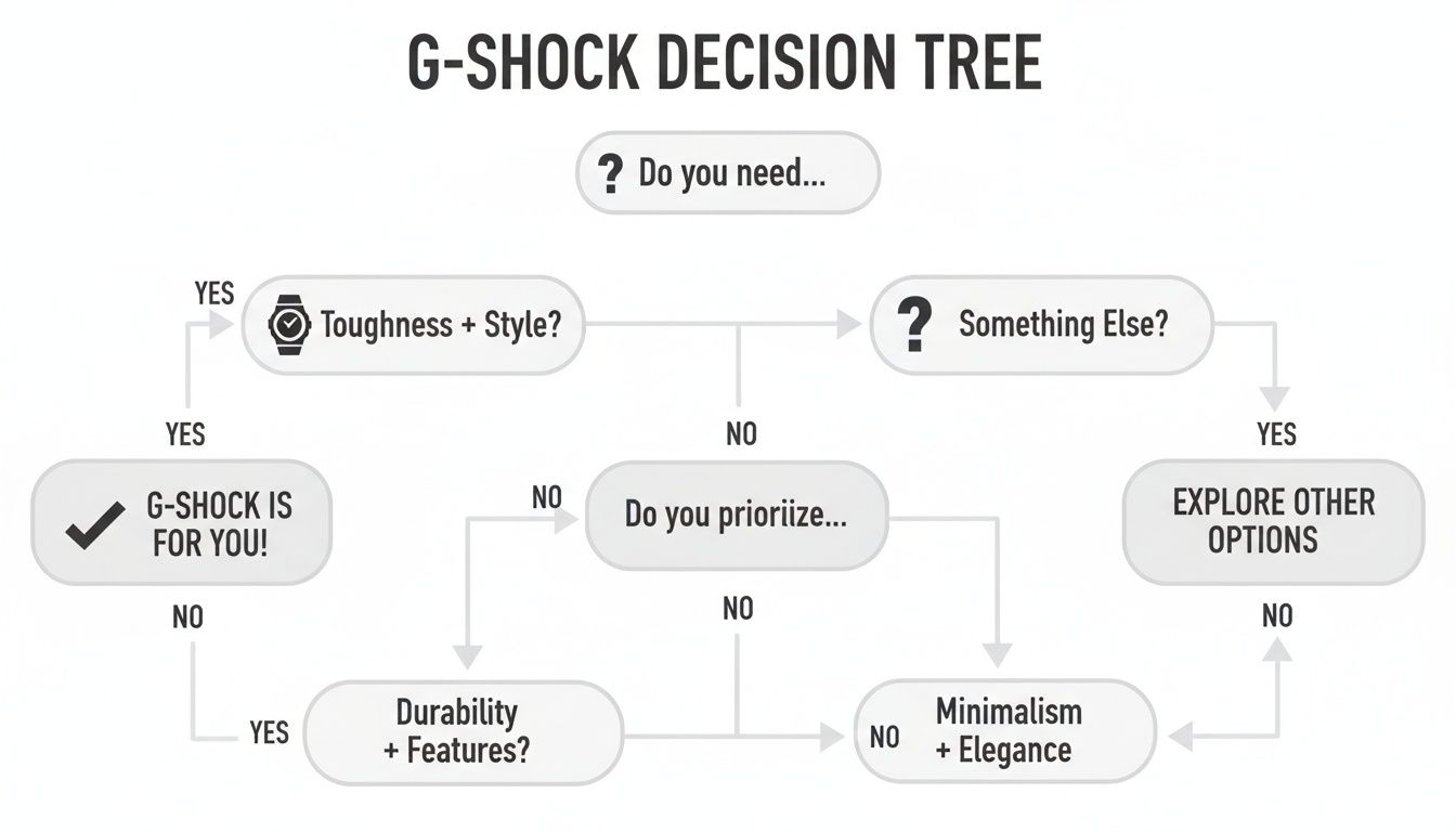 A G-SHOCK decision tree flowchart to help users choose the right watch model.