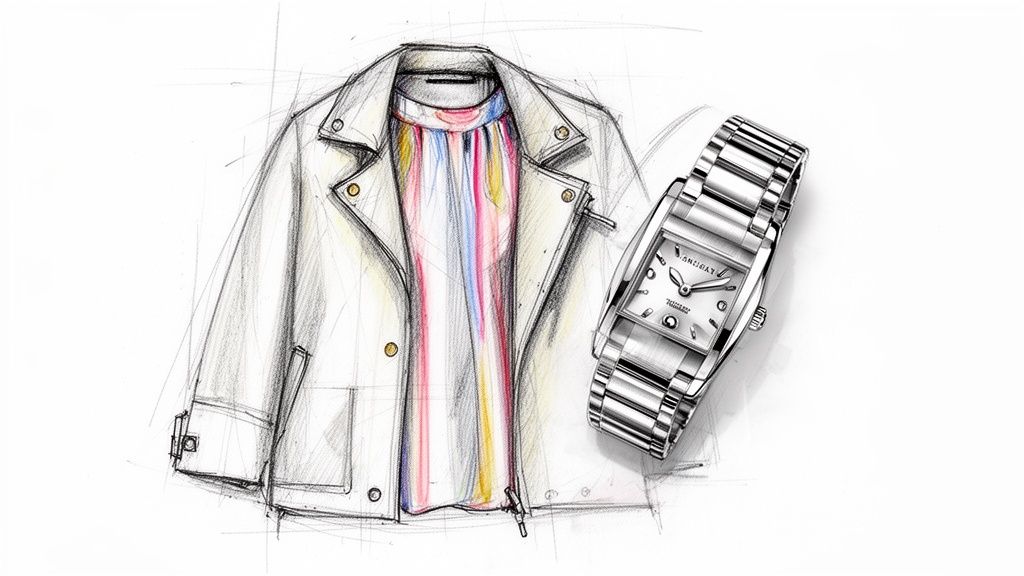 A detailed fashion sketch illustrating a white jacket, a colorful striped top, and a sleek silver rectangular wristwatch.