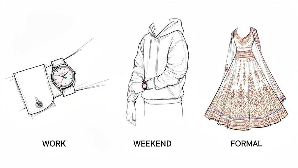 Illustrations showing watches for work and weekend, alongside a formal dress for different occasions.