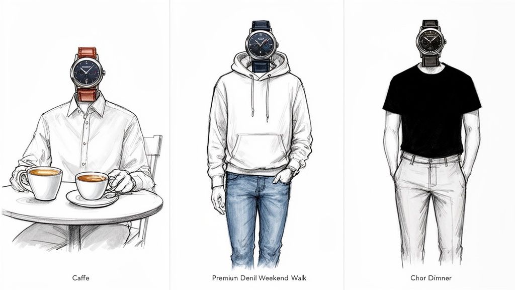 Three sketches show headless figures with watches for heads, in outfits for coffee, weekend, and dinner.