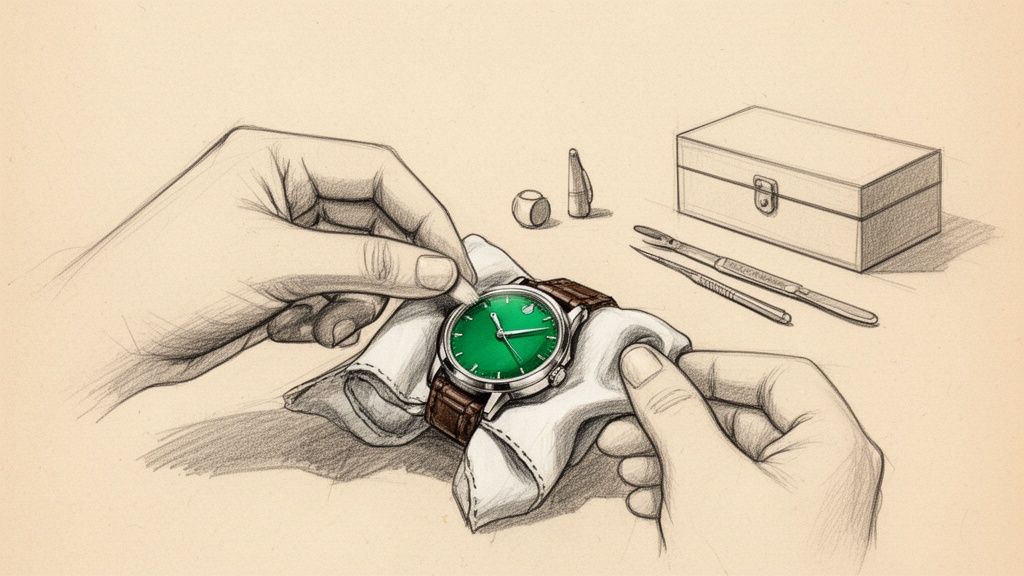 A detailed pencil sketch shows hands carefully cleaning a watch with a vibrant green dial, surrounded by watchmaking tools on a table.