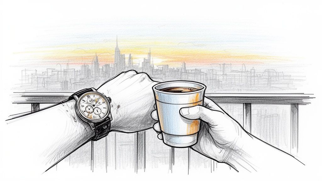 Hands with a wristwatch and a coffee cup overlooking a city skyline at sunset.