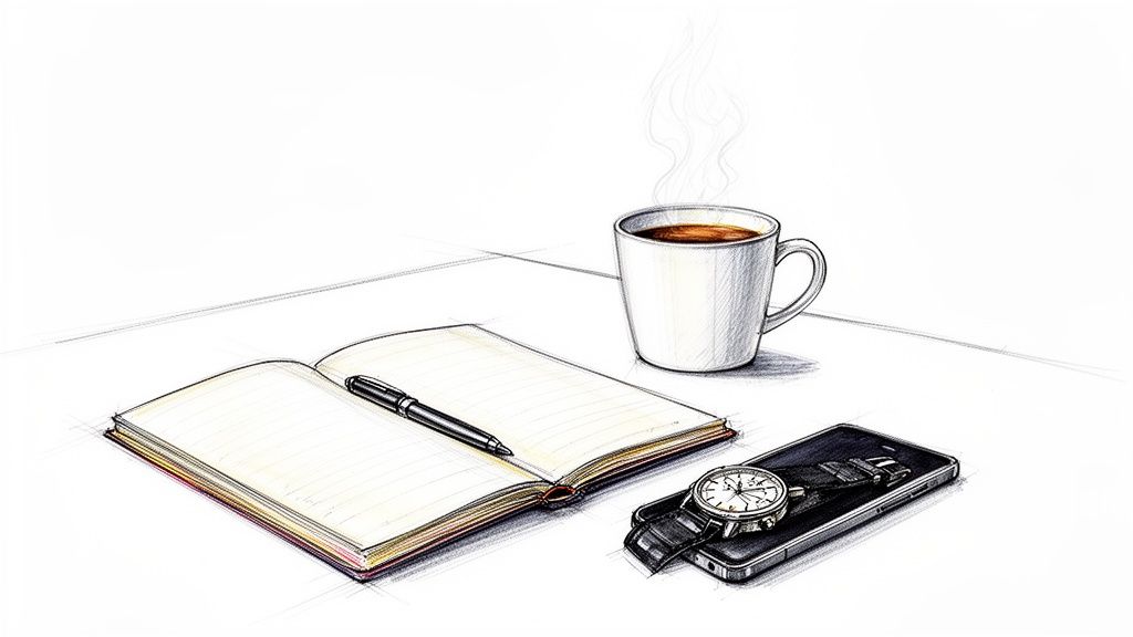 A detailed sketch of a desk setup featuring an open notebook, pen, steaming coffee mug, smartphone, and an analog watch.