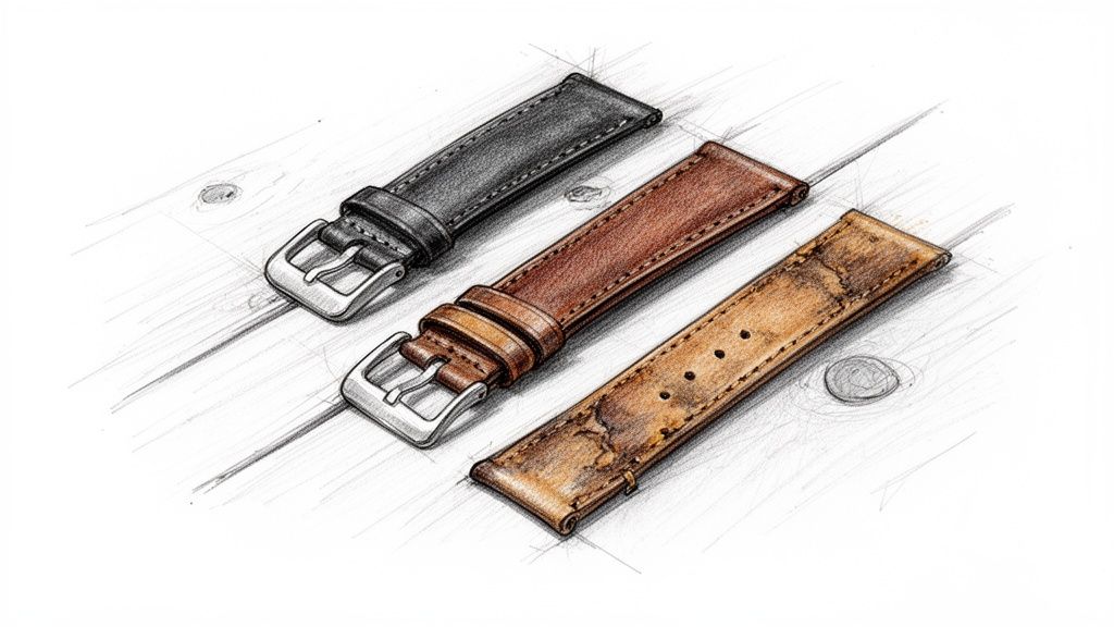 A hand-drawn illustration depicting three different leather watch straps: black, brown, and distressed tan.