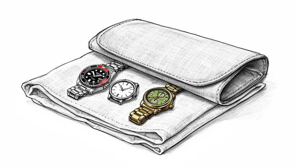 Sketch of three watches: a diver, a dress, and a gold chronograph on a grey watch roll.