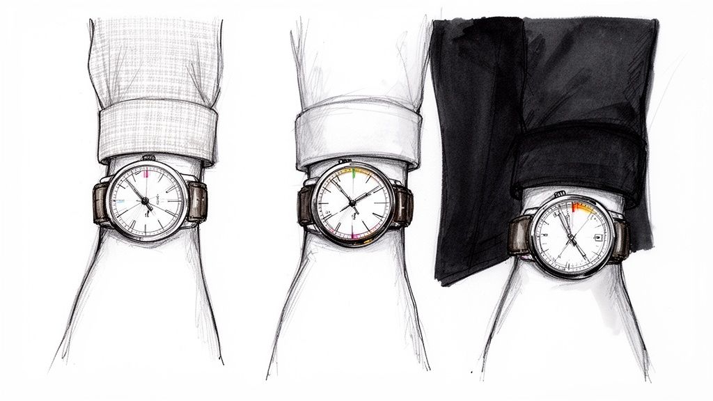 Sketch showing three wrists wearing elegant watches with brown leather straps and different shirt cuffs.