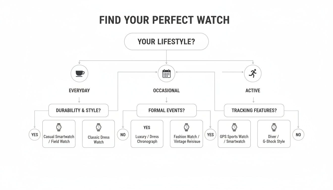 Decision tree guide to choosing the ideal watch based on lifestyle, style, and features.