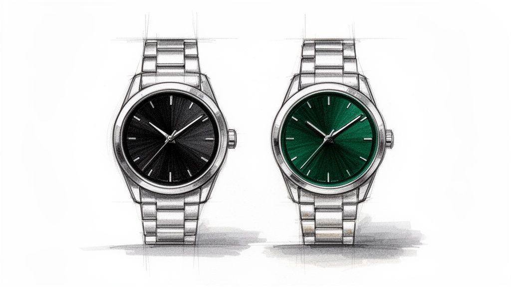 A hand-drawn sketch of two watches, one with a black dial and one with a green dial.