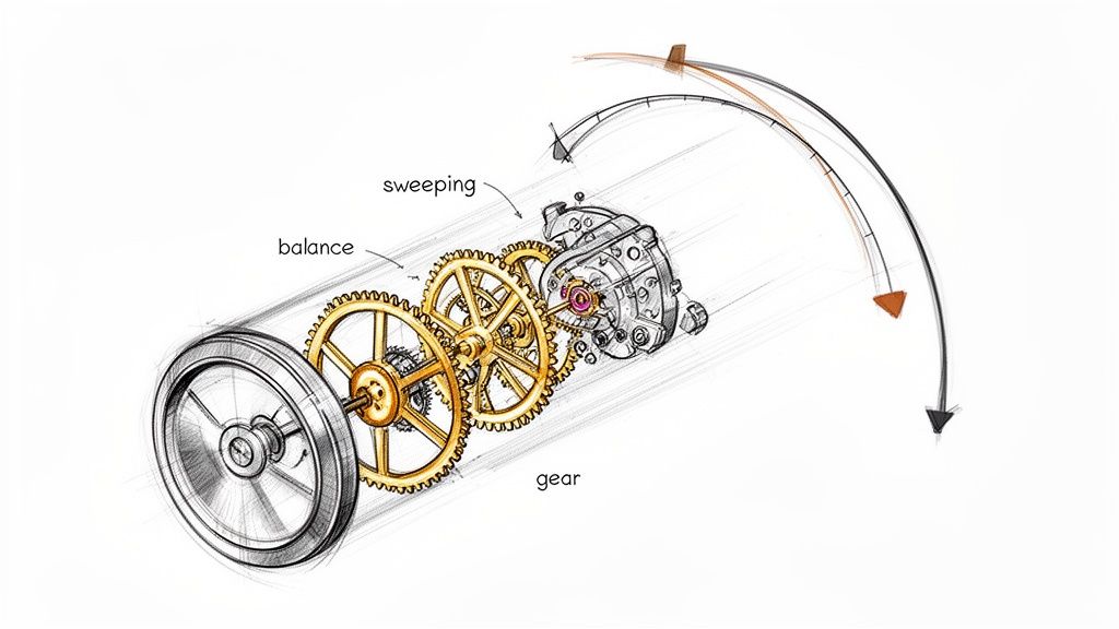 Detailed sketch illustrating a watch mechanism with gears, balance wheel, and sweeping hand motion.