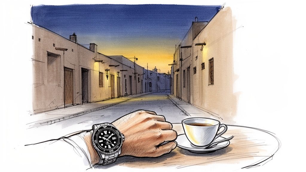 A hand with a Seiko diver's watch and a coffee cup on a table, overlooking a rustic street at dusk.