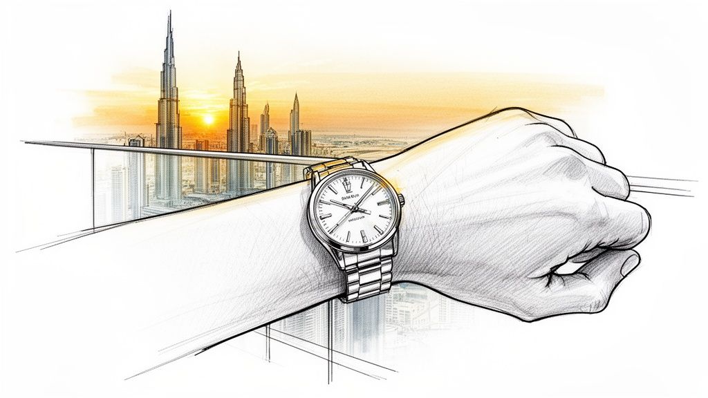 A detailed sketch of a hand wearing a stylish watch, overlooking the Dubai skyline at sunset.