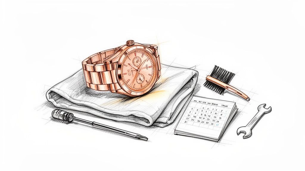 Illustration of a rose gold watch on a white cloth, surrounded by various watch maintenance tools.