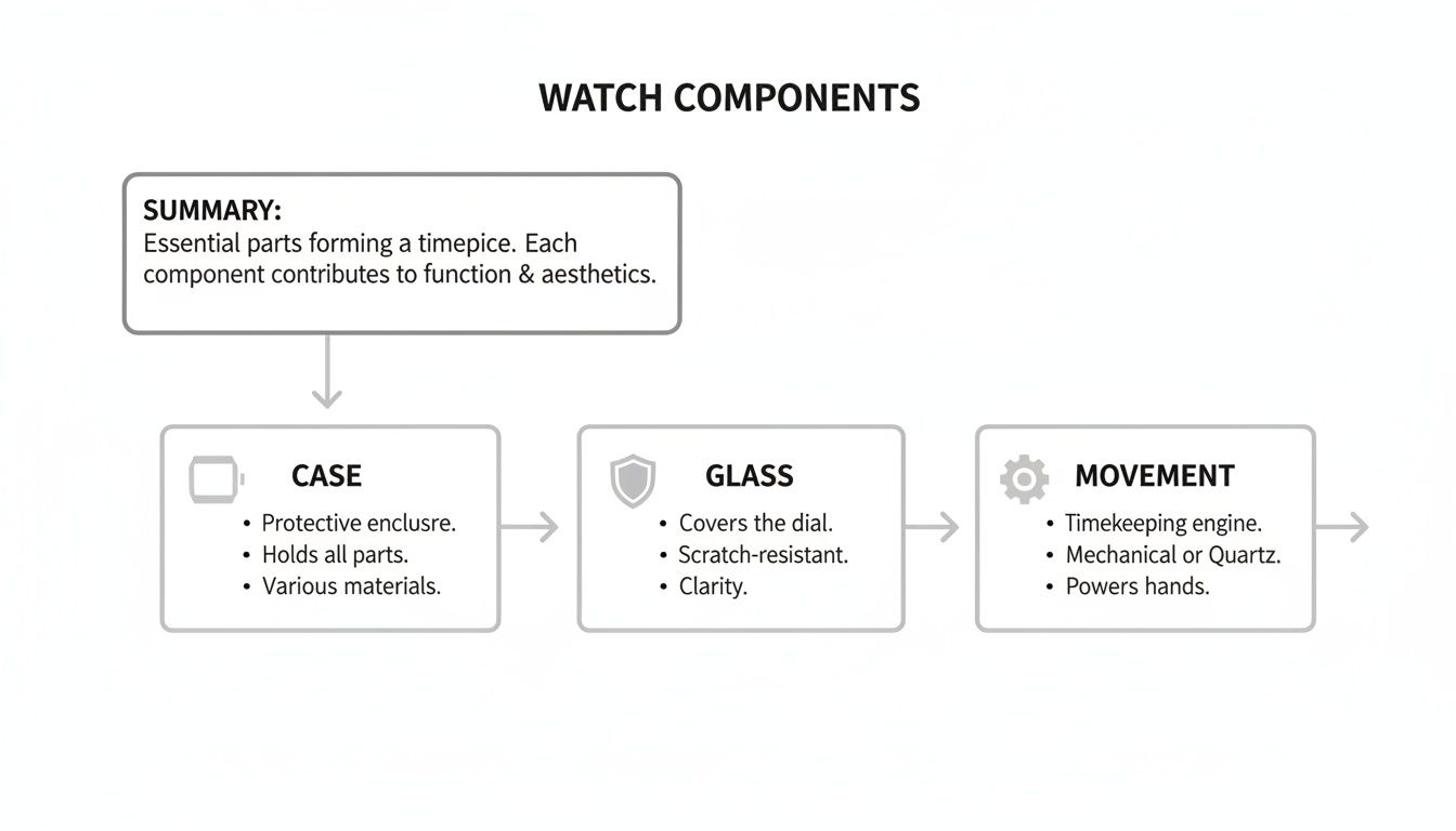 A diagram outlining essential watch components: case, glass, and movement, with their key functions.