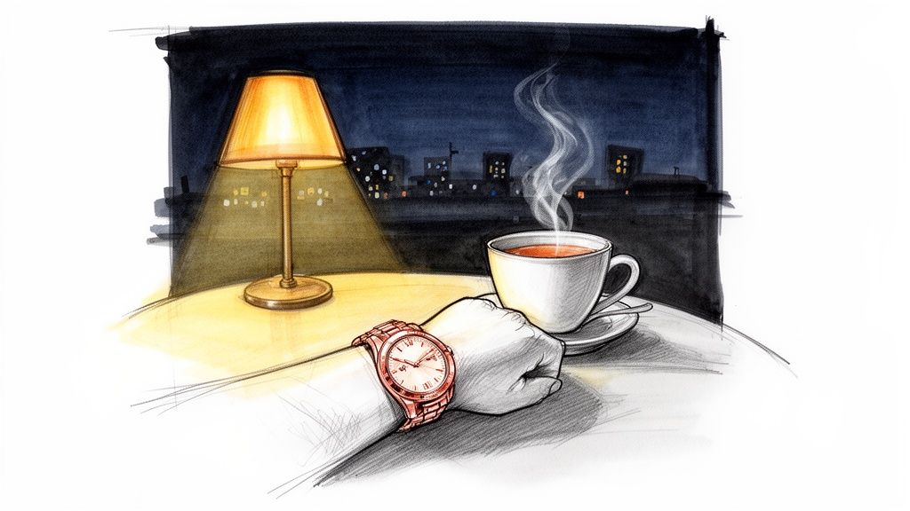 Illustration of a person's arm with a rose gold watch next to a steaming tea cup, under a warm lamp at night.