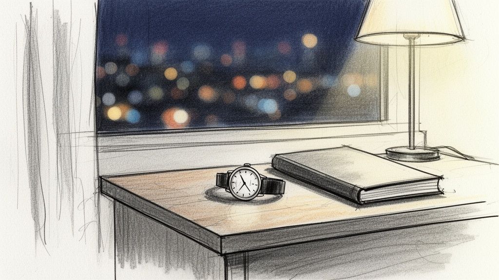 A beautiful sketch showing a wrist watch, book, and lamp on a desk by a city window at night.
