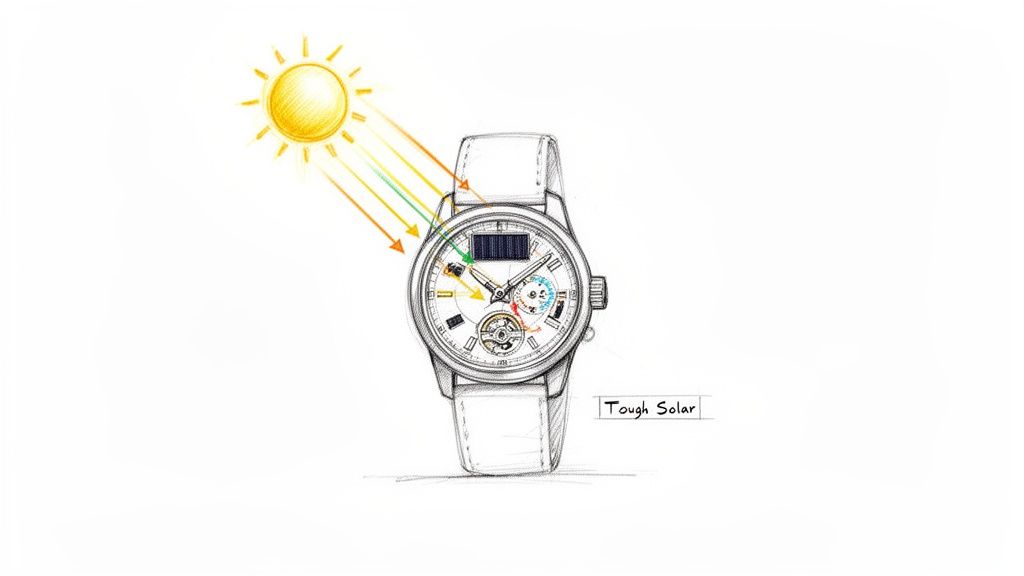 A hand-drawn sketch of a watch with solar panels on its dial, illustrating sunlight powering the 'Tough Solar' timepiece.