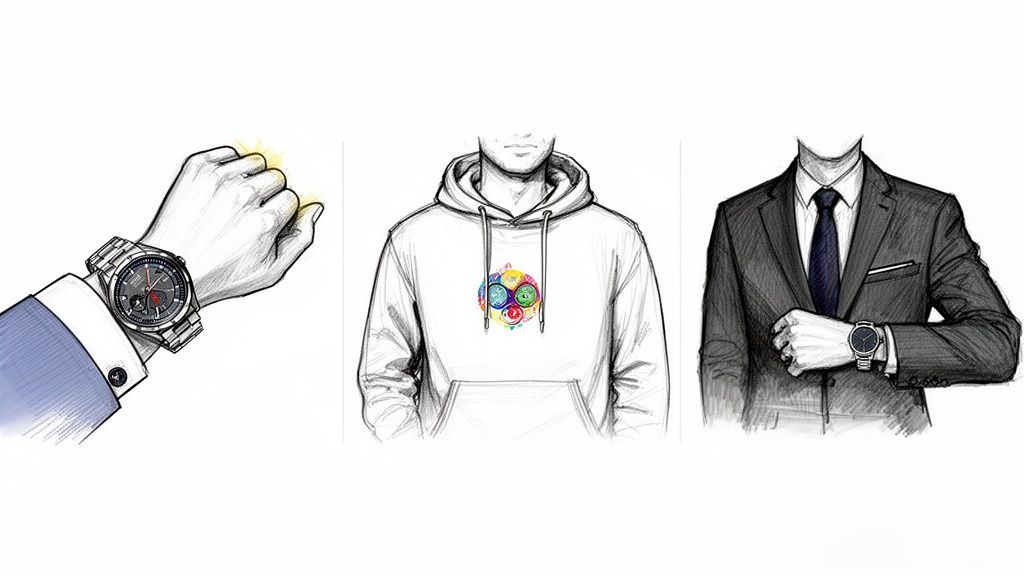 Three illustrations showcasing men's fashion: formal wear with a watch, a casual hoodie, and a dress watch.