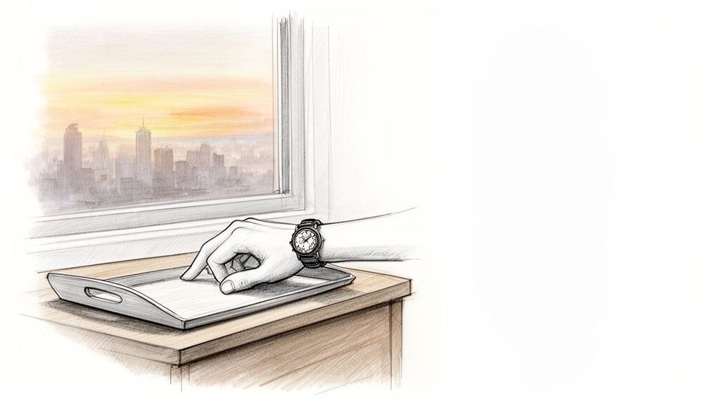An illustrated hand with a wristwatch touches an empty tray by a window with a cityscape at sunset.