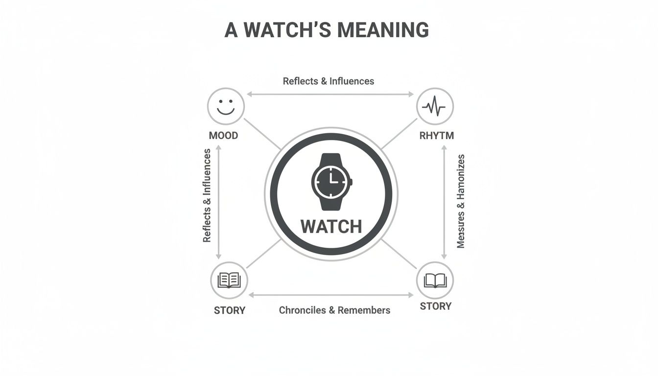 Infographic explaining the meaning of a watch, linking it to mood, rhythm, and personal stories.