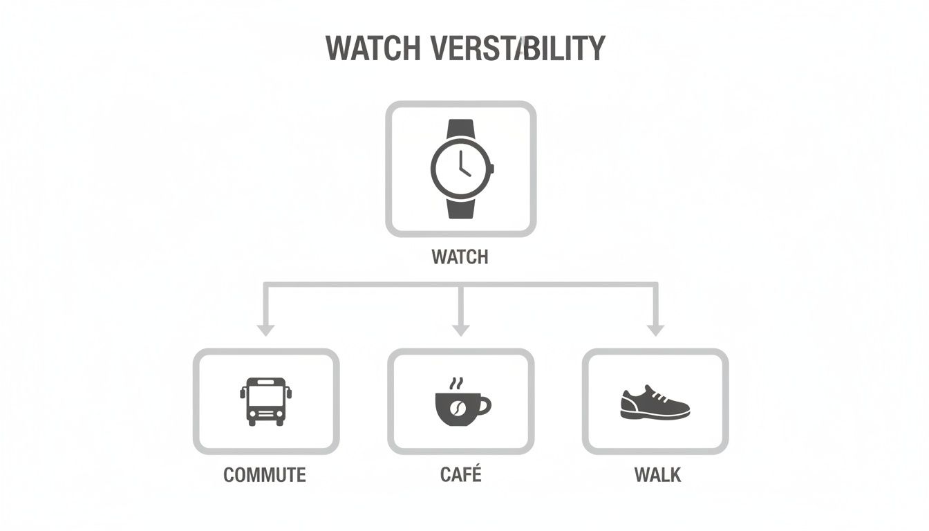 A flowchart illustrates watch versatility across different daily activities: commute, cafe, and walk.