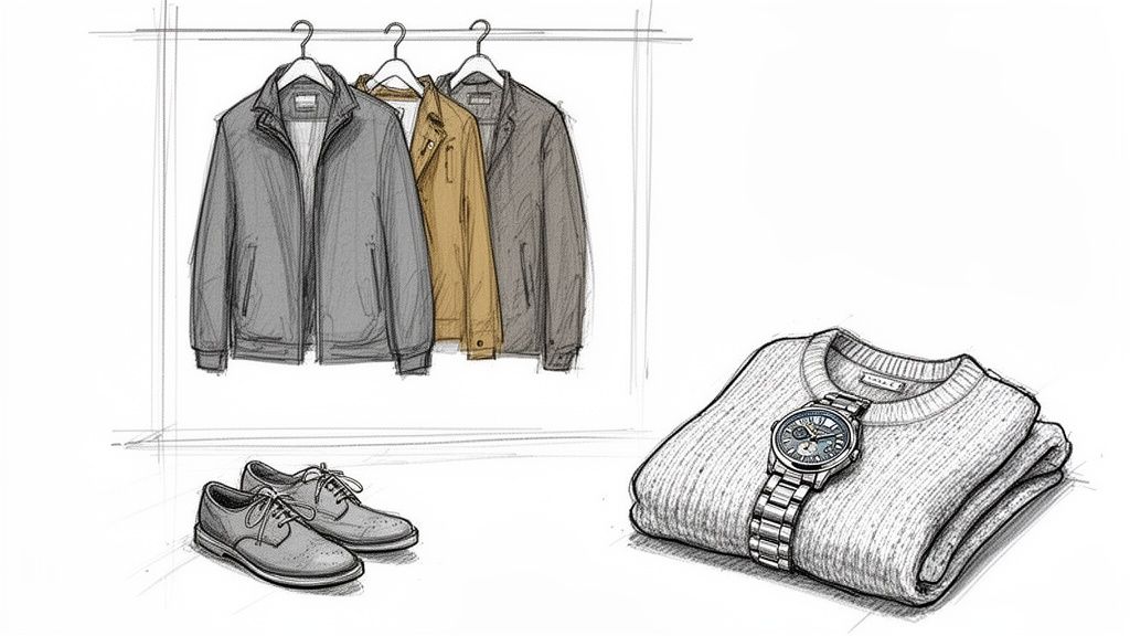 A sketched collection of men's fashion essentials: jackets, shoes, a sweater, and a watch.