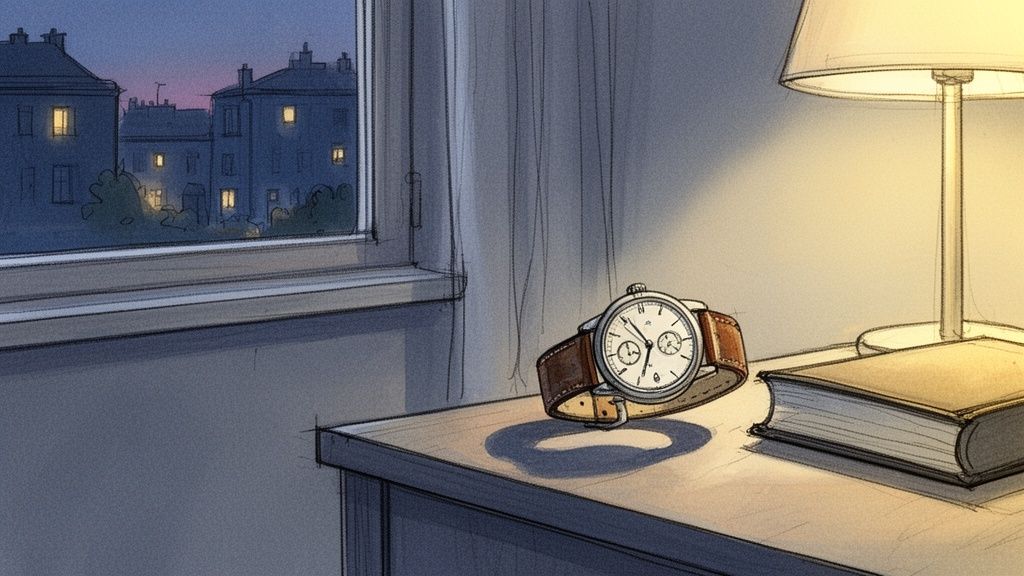 A wristwatch with a brown leather strap sits on a table next to a lamp and book.