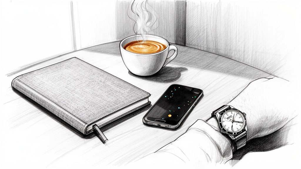 Sketch of a table with a steaming coffee cup, notebook, phone, and a person's wrist watch.