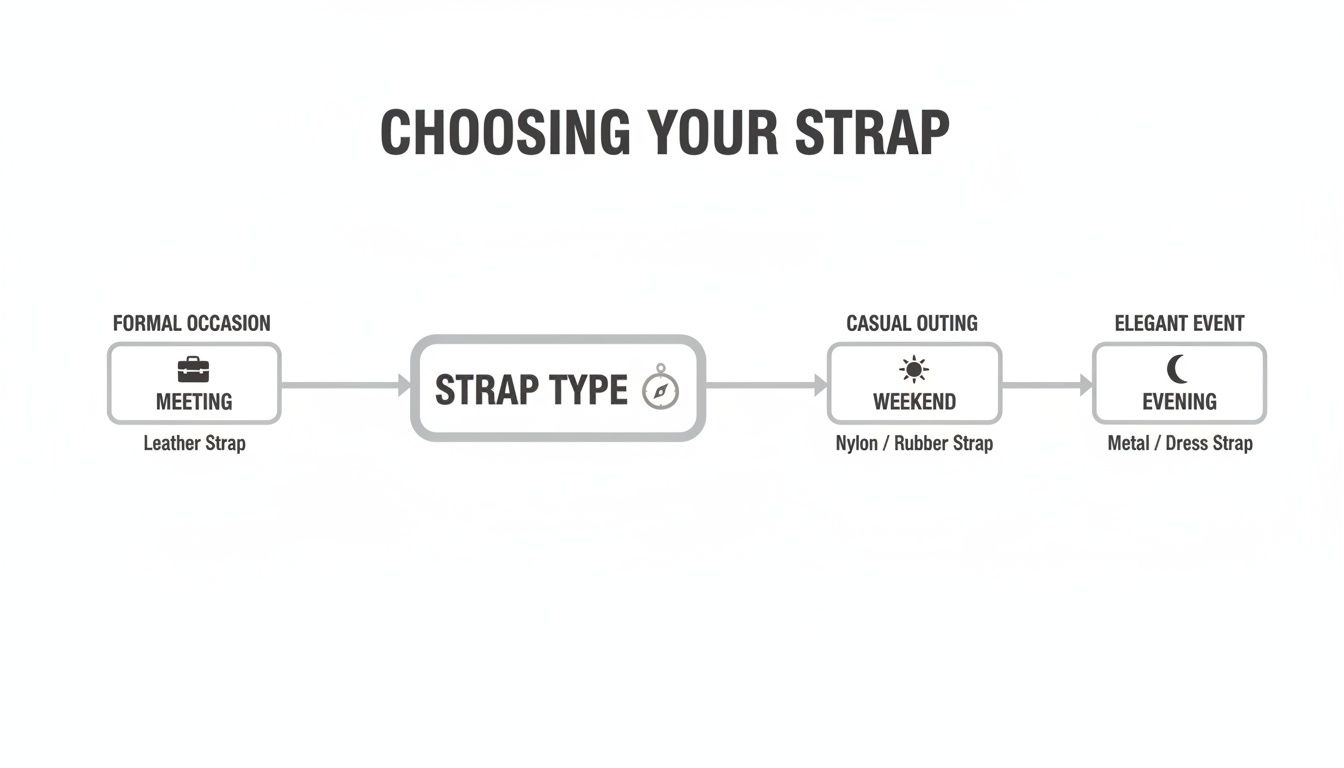 Flowchart illustrates choosing the right watch strap type for various occasions: formal, casual, and elegant events.