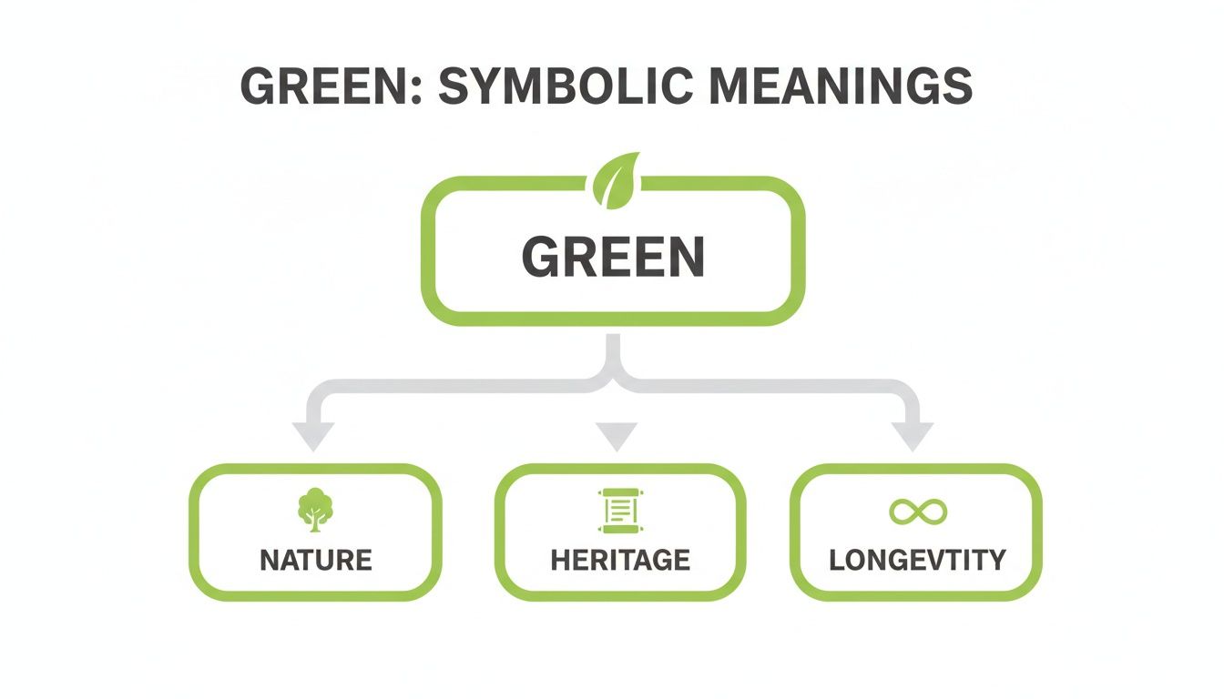 A diagram illustrating the symbolic meanings of the color green: nature, heritage, and longevity.