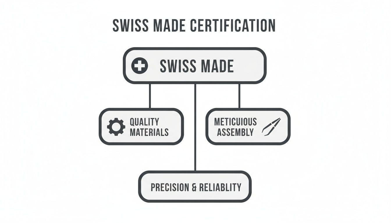 Flowchart illustrating the Swiss Made certification process, highlighting quality materials, meticulous assembly, and precision.
