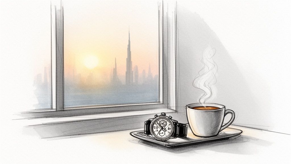 A classic men's watch and steaming coffee on a tray by a window overlooking a sunrise cityscape.