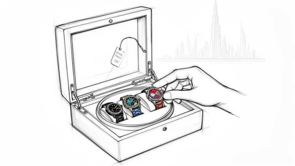 Sketch of a hand picking a luxury watch from an open display box, with Dubai skyline in background.