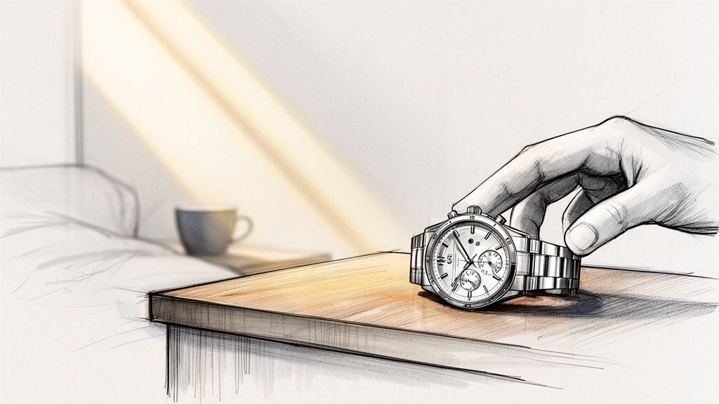 A hand places a classic silver chronograph watch on a wooden bedside table in a sketch.