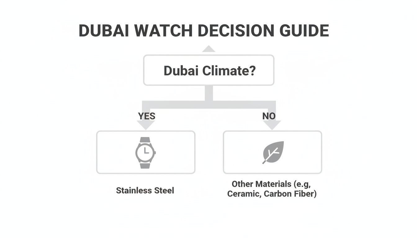 Flowchart guide for choosing watch materials, suggesting stainless steel for Dubai climate.