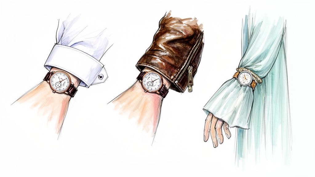 Illustrations of a ladies' watch styled with a white shirt, brown leather jacket, and a flowy dress.