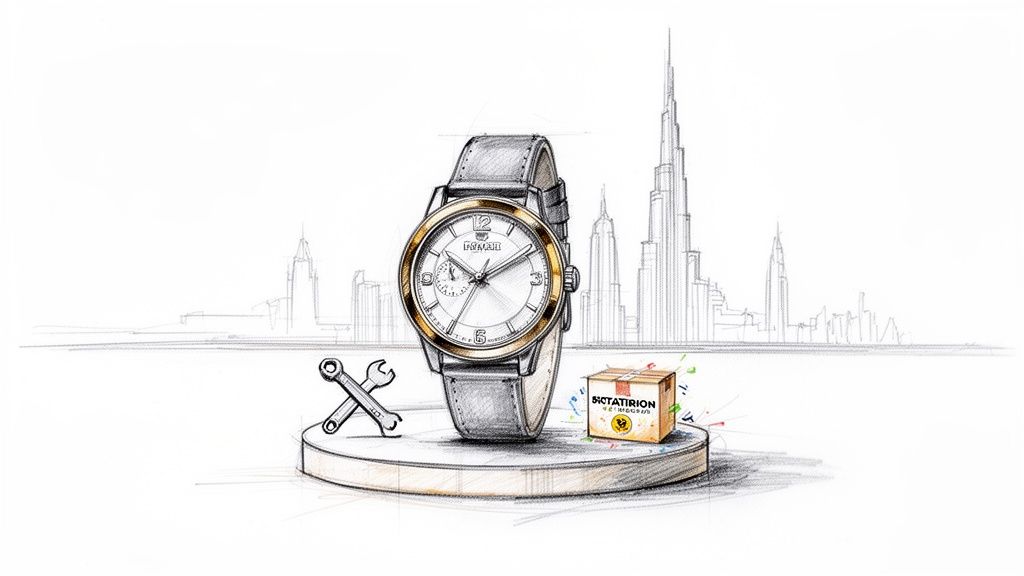 Sketch of a watch with gold bezel on a stand, with wrenches and a package, against a city skyline.