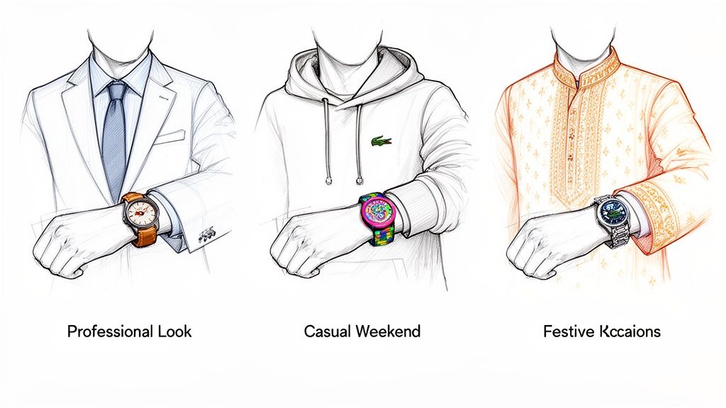 Sketches of men wearing Lacoste watches with outfits for professional, casual, and festive occasions.